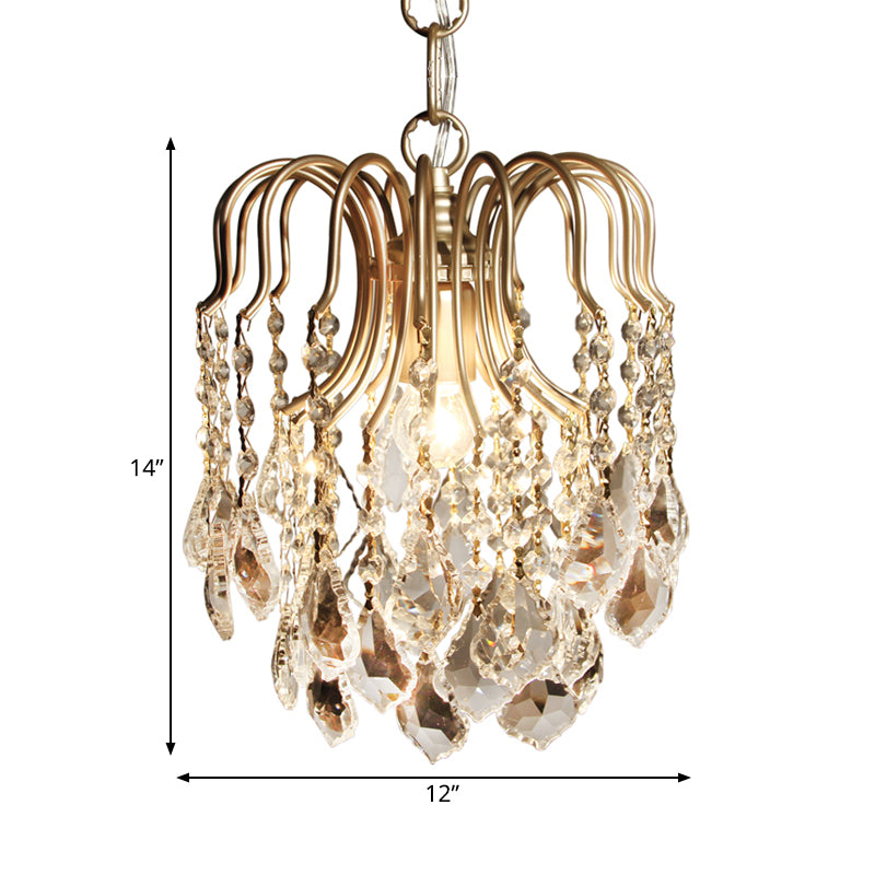 Antiqued Gold 1 Bulb Pendant Lighting Countryside Crystal Draped Hanging Ceiling Light Clearhalo 'Ceiling Lights' 'Pendant Lights' 'Pendants' Lighting' 813706