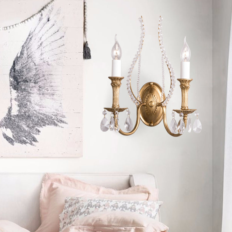 Crystal Strand Candelabra Wall Lighting Country 1/2-Head Bedroom Wall Mount Light Fixture in Gold 2.0 Gold Clearhalo 'Wall Lamps & Sconces' 'Wall Lights' Lighting' 813711