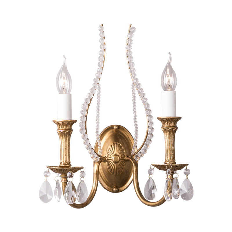 Crystal Strand Candelabra Wall Lighting Country 1/2-Head Bedroom Wall Mount Light Fixture in Gold Clearhalo 'Wall Lamps & Sconces' 'Wall Lights' Lighting' 813712