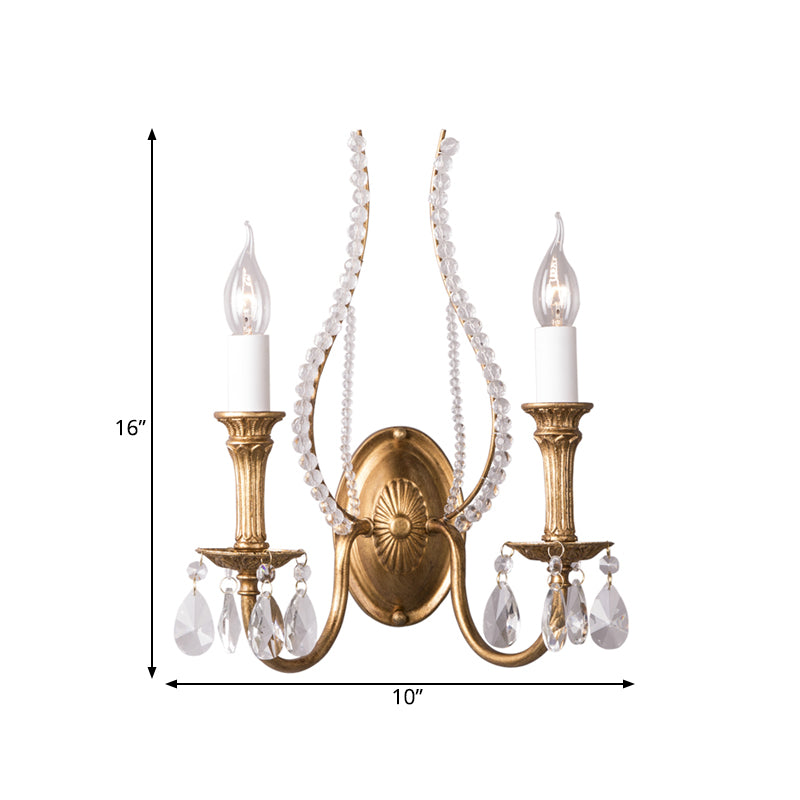 Crystal Strand Candelabra Wall Lighting Country 1/2-Head Bedroom Wall Mount Light Fixture in Gold Clearhalo 'Wall Lamps & Sconces' 'Wall Lights' Lighting' 813714