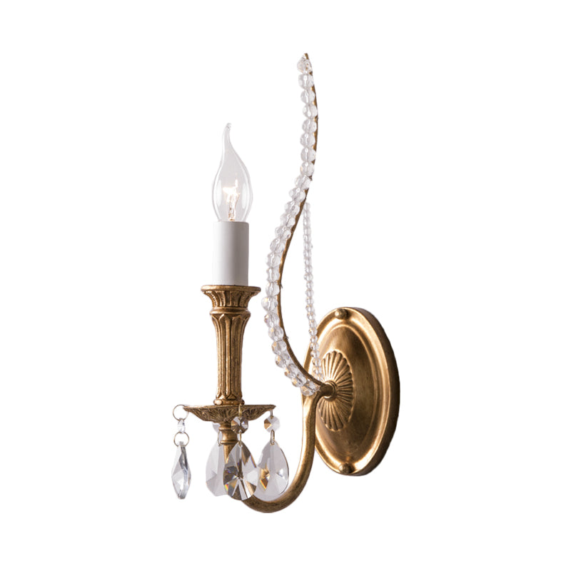 Crystal Strand Candelabra Wall Lighting Country 1/2-Head Bedroom Wall Mount Light Fixture in Gold Clearhalo 'Wall Lamps & Sconces' 'Wall Lights' Lighting' 813717