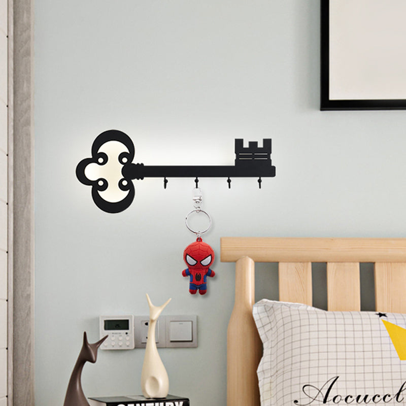 Key Bedroom Sconce Lamp Metal Led Cartoon Wall Mounted Lighting in Black/White/Pink with Hook Black Clearhalo 'Wall Lamps & Sconces' 'Wall Lights' Lighting' 813764