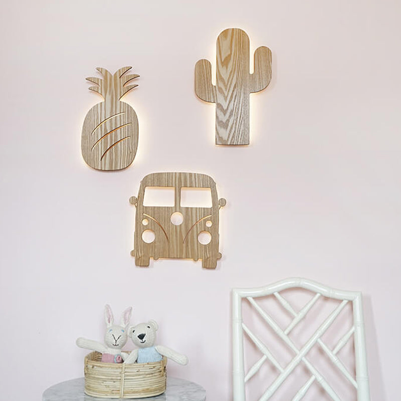 Modern Led Sconce Lighting with Wood Shade Beige Car/Pineapple/Cactus Wall Mounted Light for Bedroom Wood Car Clearhalo 'Wall Lamps & Sconces' 'Wall Lights' Lighting' 813772