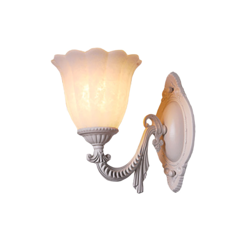 Flower White Glass Sconce Light Vintage 1/2-Bulb Living Room Wall Mounted Lighting with Curved Arm Clearhalo 'Wall Lamps & Sconces' 'Wall Lights' Lighting' 813876