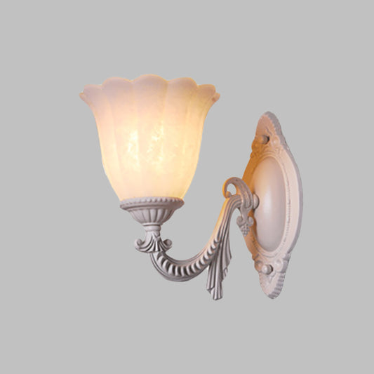 Flower White Glass Sconce Light Vintage 1/2-Bulb Living Room Wall Mounted Lighting with Curved Arm Clearhalo 'Wall Lamps & Sconces' 'Wall Lights' Lighting' 813877