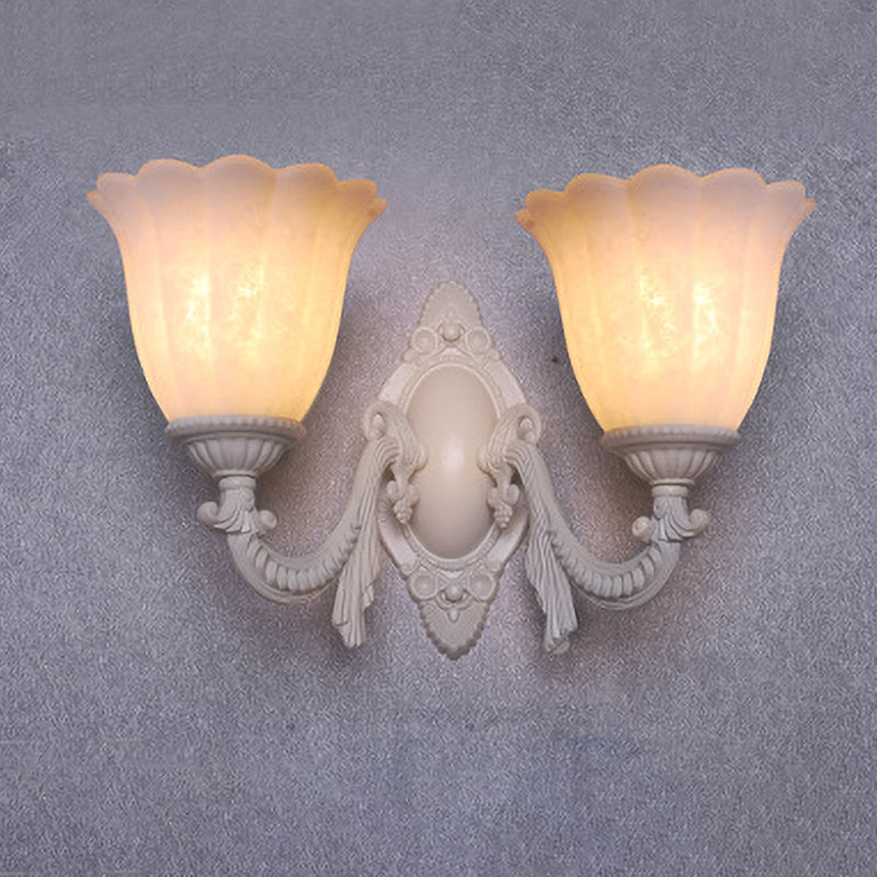 Flower White Glass Sconce Light Vintage 1/2-Bulb Living Room Wall Mounted Lighting with Curved Arm 2.0 White Clearhalo 'Wall Lamps & Sconces' 'Wall Lights' Lighting' 813879