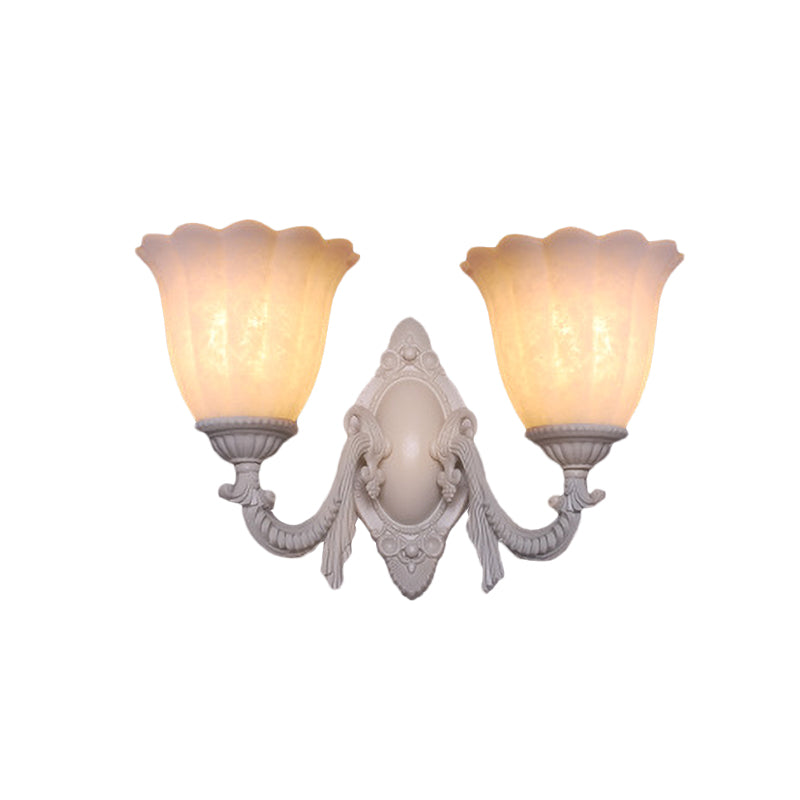 Flower White Glass Sconce Light Vintage 1/2-Bulb Living Room Wall Mounted Lighting with Curved Arm Clearhalo 'Wall Lamps & Sconces' 'Wall Lights' Lighting' 813882