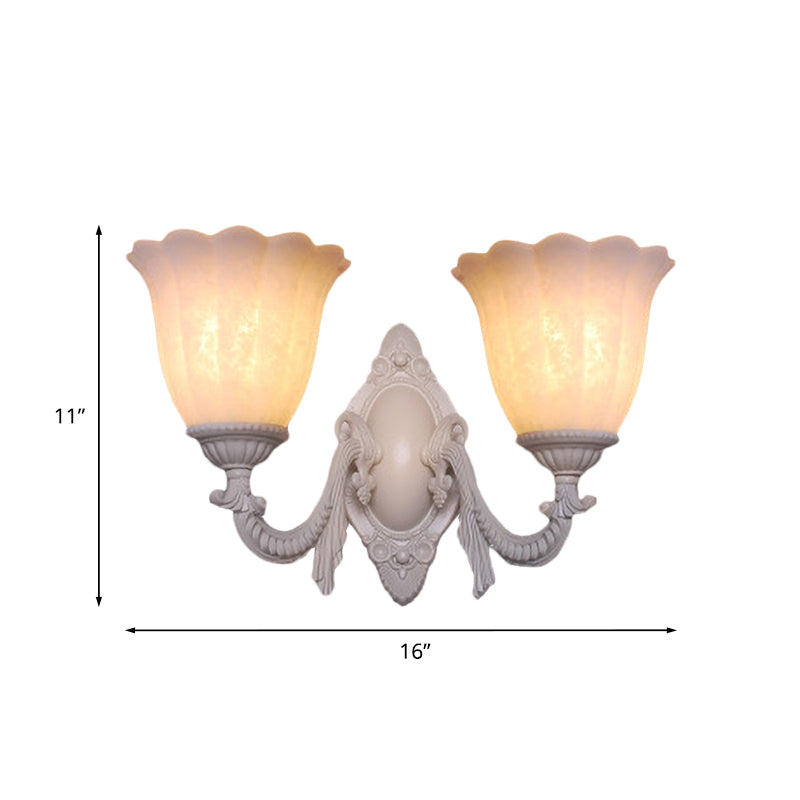 Flower White Glass Sconce Light Vintage 1/2-Bulb Living Room Wall Mounted Lighting with Curved Arm Clearhalo 'Wall Lamps & Sconces' 'Wall Lights' Lighting' 813883