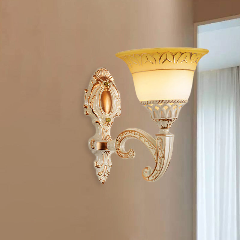 Curved Arm Metal Wall Lamp Vintage 1/2-Head Living Room Sconce with Flared Beige Glass Shade 1.0 Beige Clearhalo 'Wall Lamps & Sconces' 'Wall Lights' Lighting' 813884