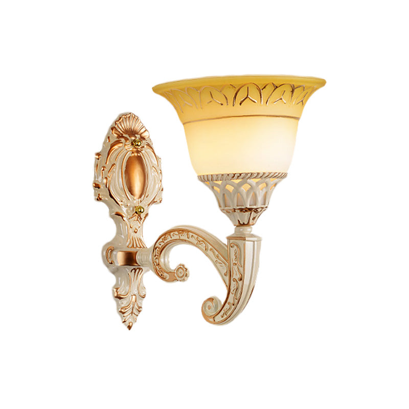 Curved Arm Metal Wall Lamp Vintage 1/2-Head Living Room Sconce with Flared Beige Glass Shade Clearhalo 'Wall Lamps & Sconces' 'Wall Lights' Lighting' 813886