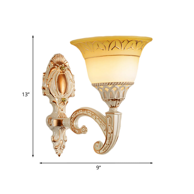 Curved Arm Metal Wall Lamp Vintage 1/2-Head Living Room Sconce with Flared Beige Glass Shade Clearhalo 'Wall Lamps & Sconces' 'Wall Lights' Lighting' 813887