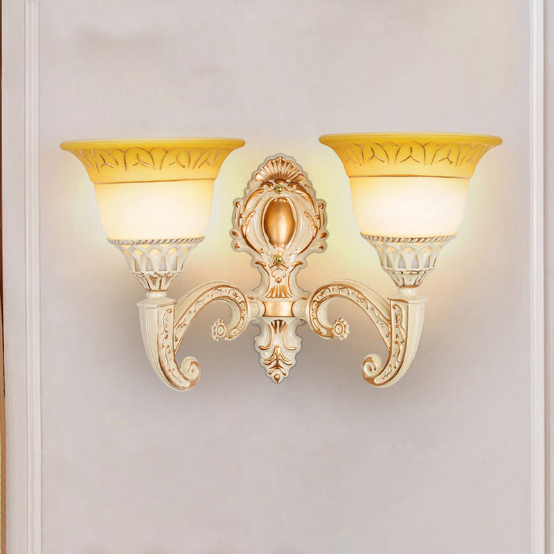 Curved Arm Metal Wall Lamp Vintage 1/2-Head Living Room Sconce with Flared Beige Glass Shade 2.0 Beige Clearhalo 'Wall Lamps & Sconces' 'Wall Lights' Lighting' 813888