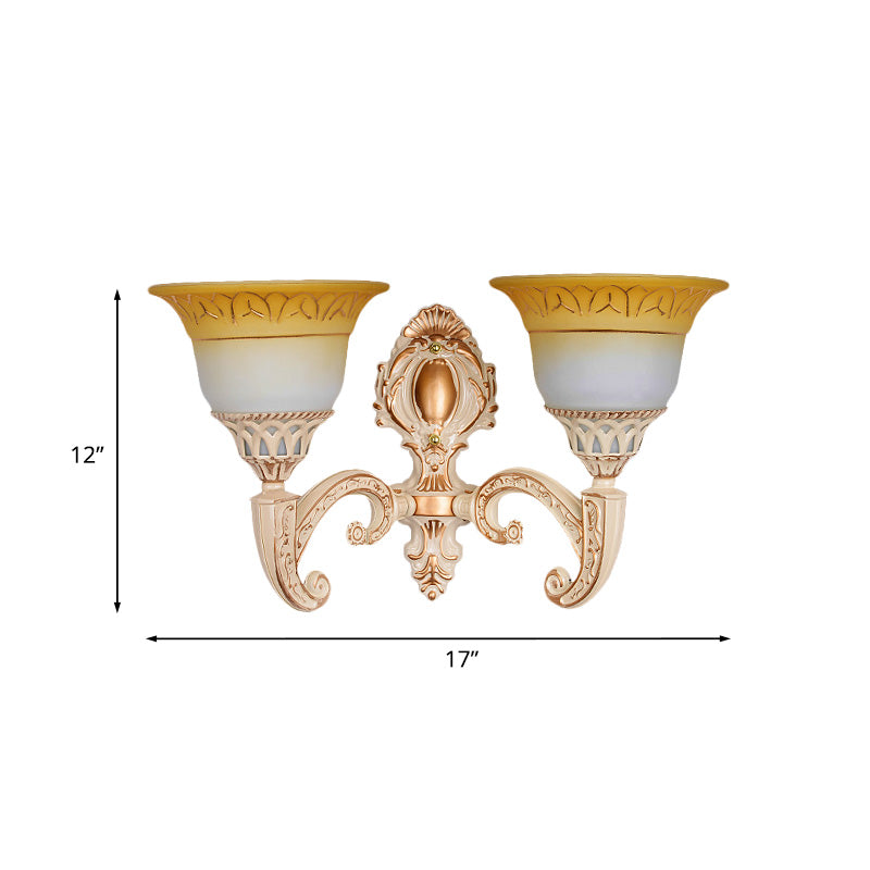 Curved Arm Metal Wall Lamp Vintage 1/2-Head Living Room Sconce with Flared Beige Glass Shade Clearhalo 'Wall Lamps & Sconces' 'Wall Lights' Lighting' 813892