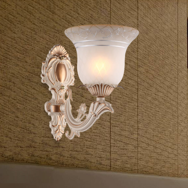 Metal Beige Wall Lighting Fixture Curvy Arm 1/2-Light Antique Wall Sconce Light with Bell White Glass Shade 1.0 Beige Clearhalo 'Wall Lamps & Sconces' 'Wall Lights' Lighting' 813893