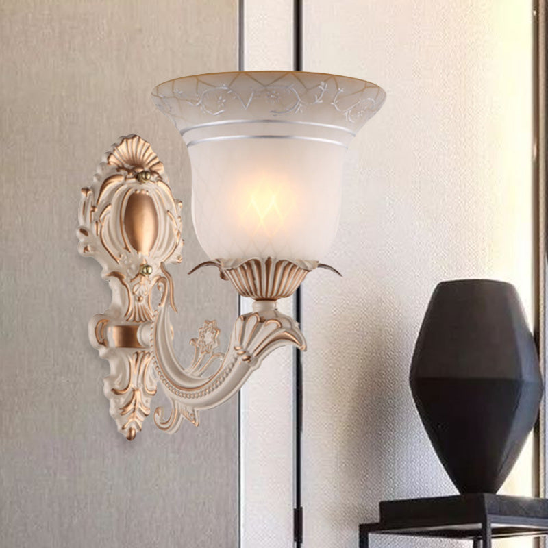 Metal Beige Wall Lighting Fixture Curvy Arm 1/2-Light Antique Wall Sconce Light with Bell White Glass Shade Clearhalo 'Wall Lamps & Sconces' 'Wall Lights' Lighting' 813894