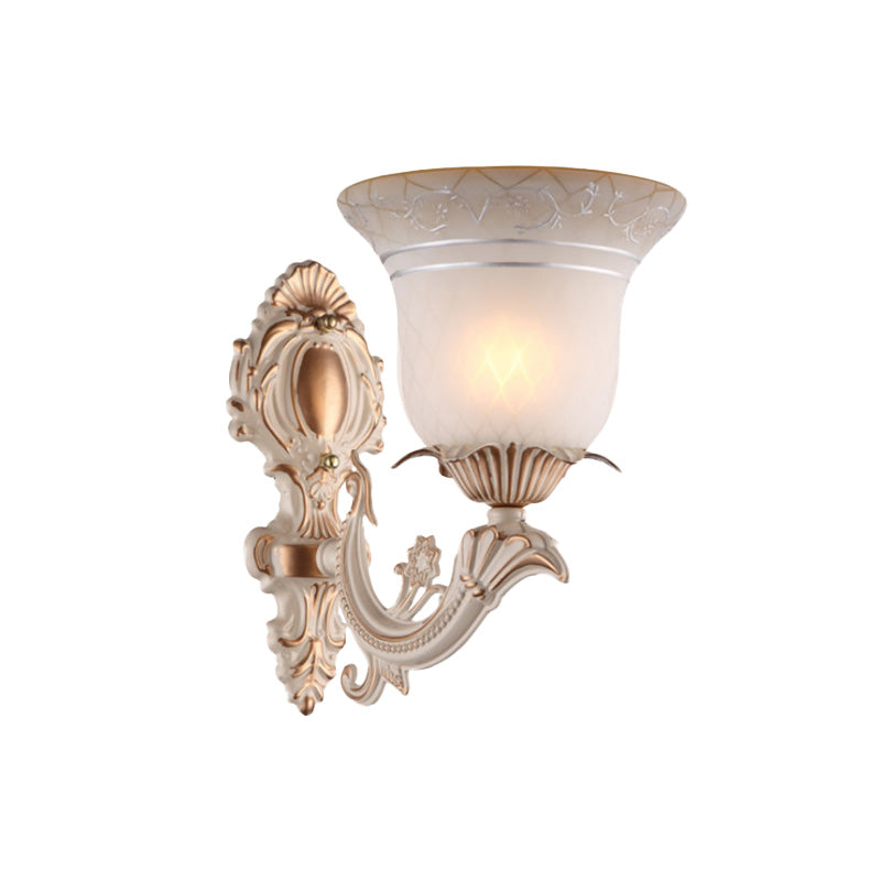 Metal Beige Wall Lighting Fixture Curvy Arm 1/2-Light Antique Wall Sconce Light with Bell White Glass Shade Clearhalo 'Wall Lamps & Sconces' 'Wall Lights' Lighting' 813895