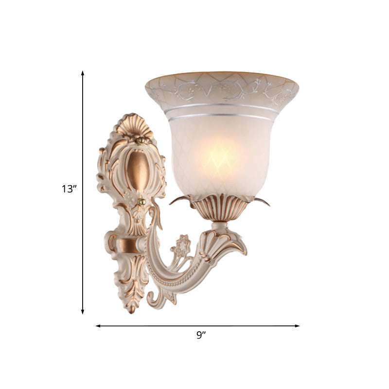 Metal Beige Wall Lighting Fixture Curvy Arm 1/2-Light Antique Wall Sconce Light with Bell White Glass Shade Clearhalo 'Wall Lamps & Sconces' 'Wall Lights' Lighting' 813896