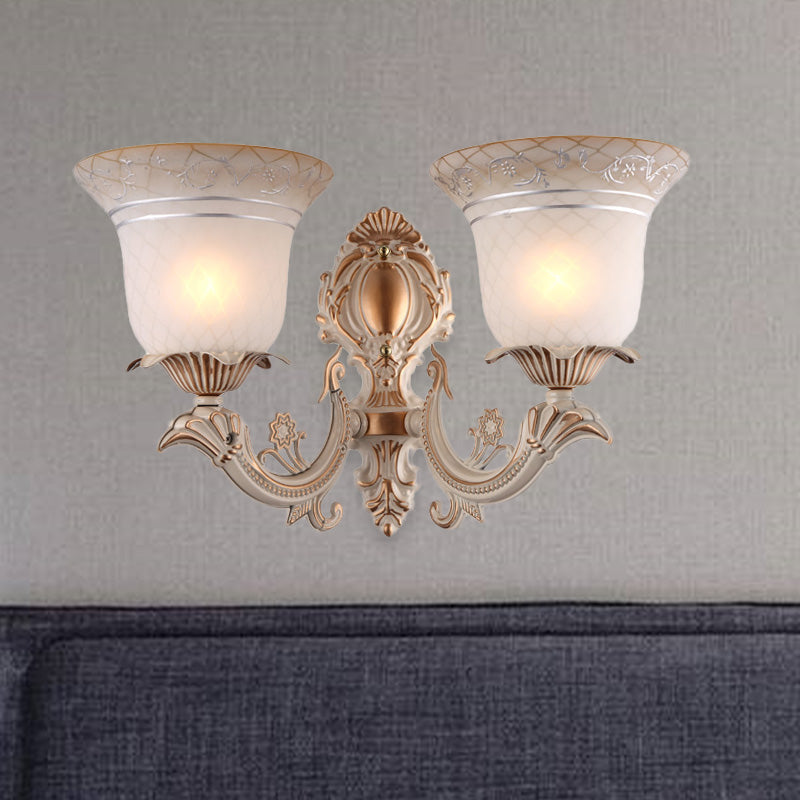 Metal Beige Wall Lighting Fixture Curvy Arm 1/2-Light Antique Wall Sconce Light with Bell White Glass Shade 2.0 Beige Clearhalo 'Wall Lamps & Sconces' 'Wall Lights' Lighting' 813897