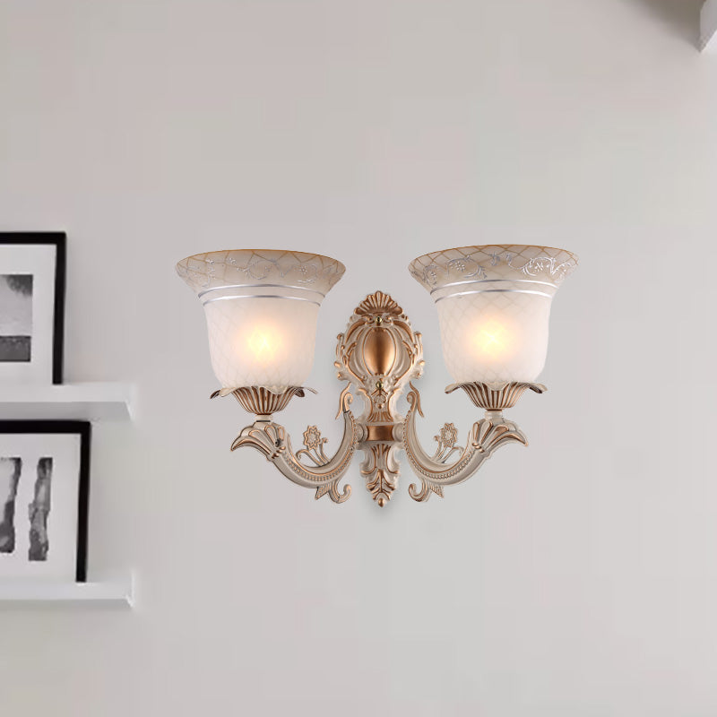 Metal Beige Wall Lighting Fixture Curvy Arm 1/2-Light Antique Wall Sconce Light with Bell White Glass Shade Clearhalo 'Wall Lamps & Sconces' 'Wall Lights' Lighting' 813898