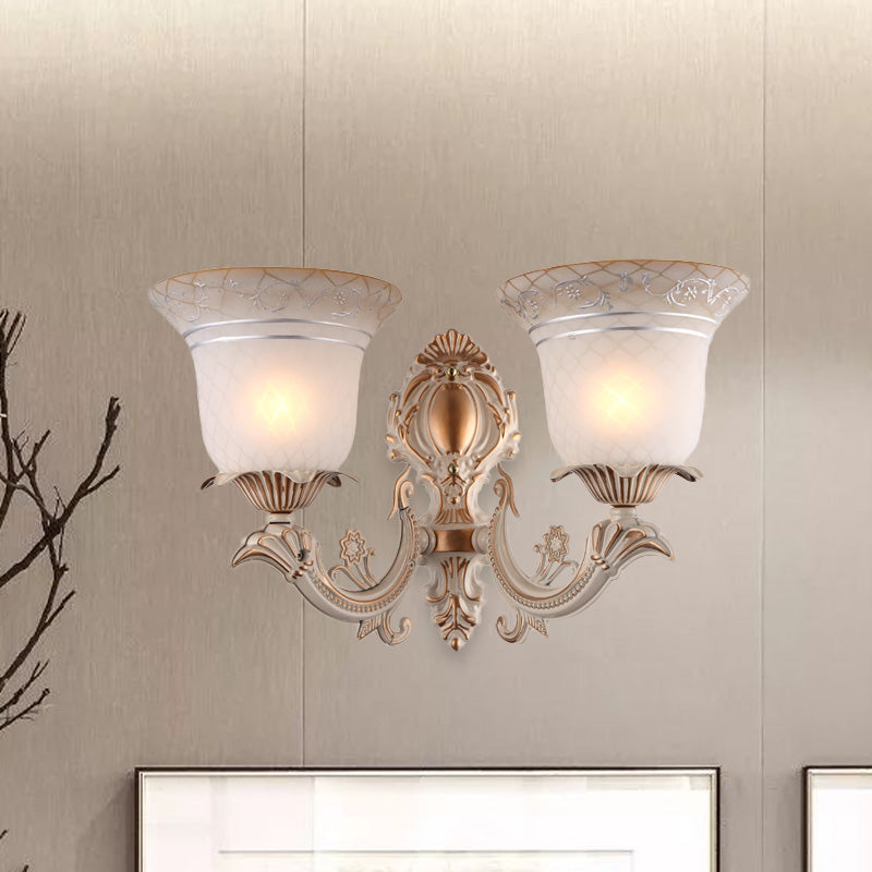 Metal Beige Wall Lighting Fixture Curvy Arm 1/2-Light Antique Wall Sconce Light with Bell White Glass Shade Clearhalo 'Wall Lamps & Sconces' 'Wall Lights' Lighting' 813899