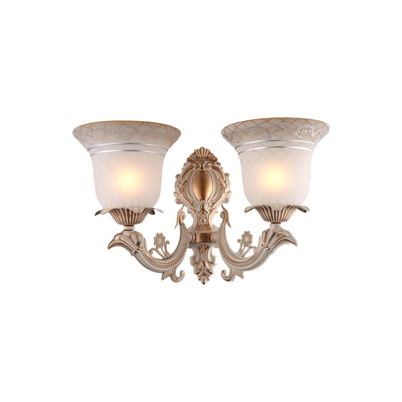 Metal Beige Wall Lighting Fixture Curvy Arm 1/2-Light Antique Wall Sconce Light with Bell White Glass Shade Clearhalo 'Wall Lamps & Sconces' 'Wall Lights' Lighting' 813900