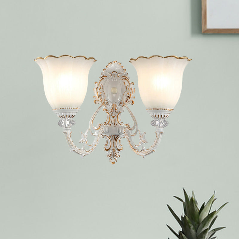 Metal Swooping Arm Sconce Light Retro 2 Bulbs Bedroom Wall Lamp with Blossom White Glass Shade Clearhalo 'Wall Lamps & Sconces' 'Wall Lights' Lighting' 813926