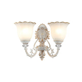 Metal Swooping Arm Sconce Light Retro 2 Bulbs Bedroom Wall Lamp with Blossom White Glass Shade Clearhalo 'Wall Lamps & Sconces' 'Wall Lights' Lighting' 813927