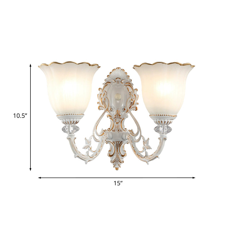 Metal Swooping Arm Sconce Light Retro 2 Bulbs Bedroom Wall Lamp with Blossom White Glass Shade Clearhalo 'Wall Lamps & Sconces' 'Wall Lights' Lighting' 813928