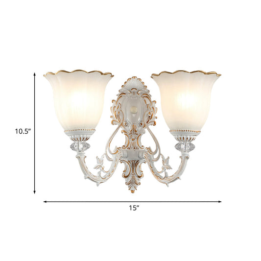 Metal Swooping Arm Sconce Light Retro 2 Bulbs Bedroom Wall Lamp with Blossom White Glass Shade Clearhalo 'Wall Lamps & Sconces' 'Wall Lights' Lighting' 813928