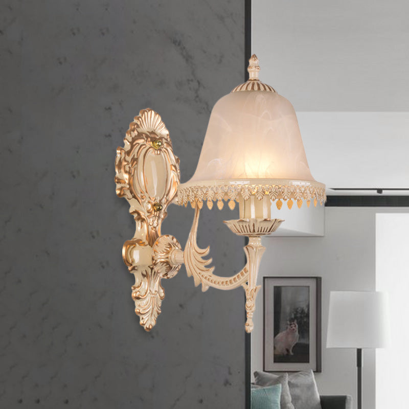 1/2 Lights Bell Sconce Lamp Classic Beige Frosted Glass Wall Mounted Light Fixture for Living Room Clearhalo 'Wall Lamps & Sconces' 'Wall Lights' Lighting' 813935