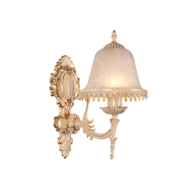 1/2 Lights Bell Sconce Lamp Classic Beige Frosted Glass Wall Mounted Light Fixture for Living Room Clearhalo 'Wall Lamps & Sconces' 'Wall Lights' Lighting' 813936