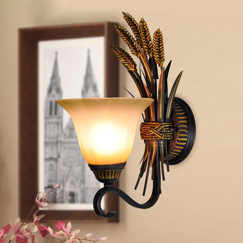 Bell Bedroom Wall Sconce Light Vintage Frosted Glass 1-Head Black and Gold Wall Lighting Black-Gold Clearhalo 'Wall Lamps & Sconces' 'Wall Lights' Lighting' 813946