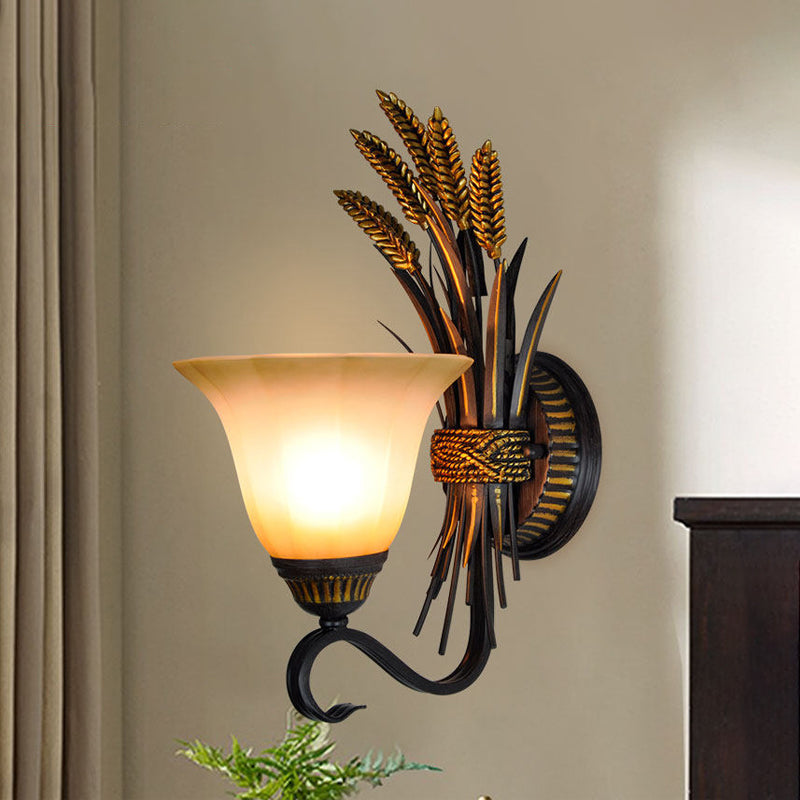 Bell Bedroom Wall Sconce Light Vintage Frosted Glass 1-Head Black and Gold Wall Lighting Clearhalo 'Wall Lamps & Sconces' 'Wall Lights' Lighting' 813947