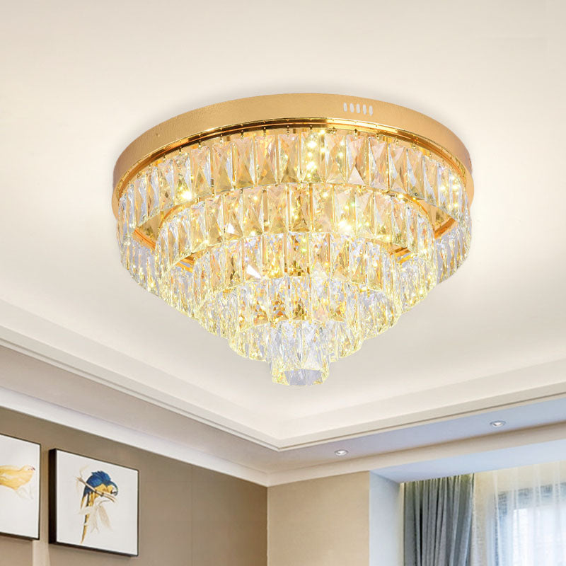 Gold 16"/24" Wide LED Flushmount Lighting Modern Crystal Block Tiered Round Ceiling Fixture with Cone Design Gold 24" Clearhalo 'Ceiling Lights' 'Close To Ceiling Lights' 'Close to ceiling' 'Flush mount' Lighting' 814006