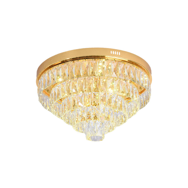 Gold 16"/24" Wide LED Flushmount Lighting Modern Crystal Block Tiered Round Ceiling Fixture with Cone Design Clearhalo 'Ceiling Lights' 'Close To Ceiling Lights' 'Close to ceiling' 'Flush mount' Lighting' 814008