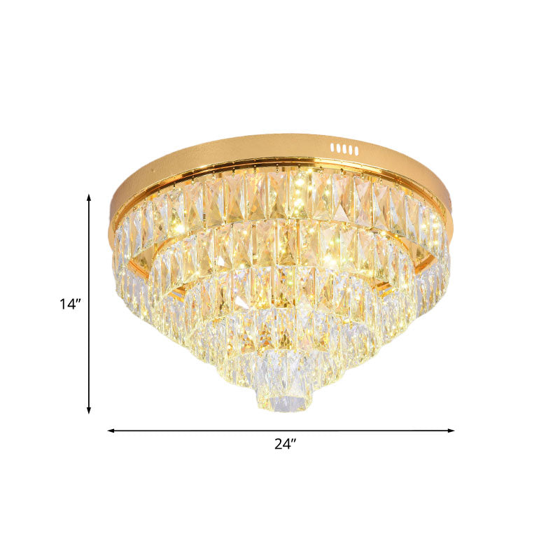 Gold 16"/24" Wide LED Flushmount Lighting Modern Crystal Block Tiered Round Ceiling Fixture with Cone Design Clearhalo 'Ceiling Lights' 'Close To Ceiling Lights' 'Close to ceiling' 'Flush mount' Lighting' 814009