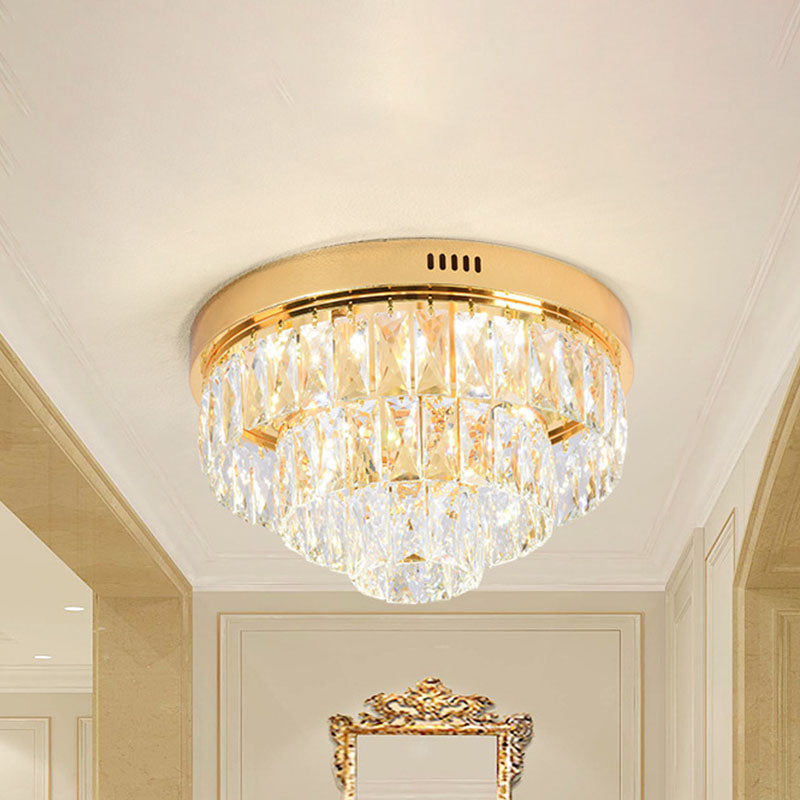 Gold 16"/24" Wide LED Flushmount Lighting Modern Crystal Block Tiered Round Ceiling Fixture with Cone Design Gold 16" Clearhalo 'Ceiling Lights' 'Close To Ceiling Lights' 'Close to ceiling' 'Flush mount' Lighting' 814010