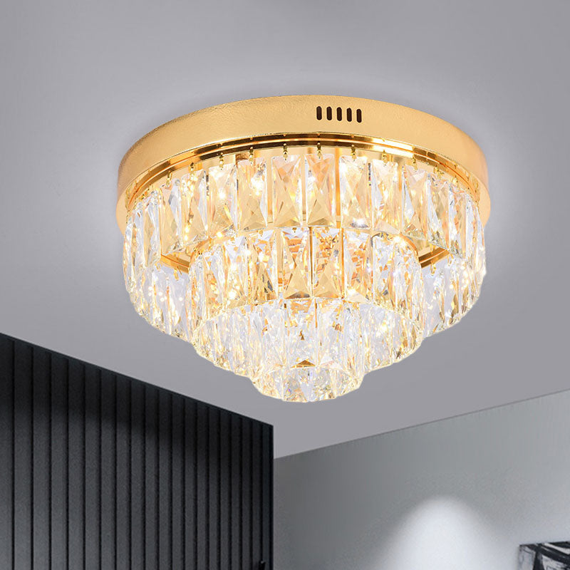 Gold 16"/24" Wide LED Flushmount Lighting Modern Crystal Block Tiered Round Ceiling Fixture with Cone Design Clearhalo 'Ceiling Lights' 'Close To Ceiling Lights' 'Close to ceiling' 'Flush mount' Lighting' 814012