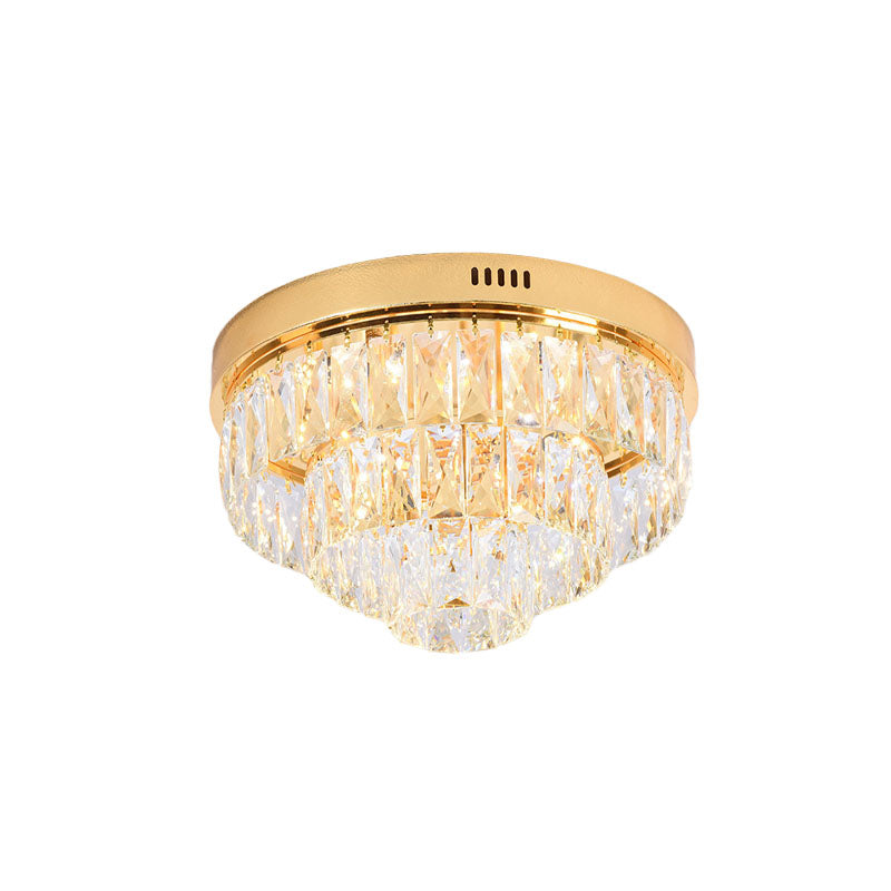 Gold 16"/24" Wide LED Flushmount Lighting Modern Crystal Block Tiered Round Ceiling Fixture with Cone Design Clearhalo 'Ceiling Lights' 'Close To Ceiling Lights' 'Close to ceiling' 'Flush mount' Lighting' 814013