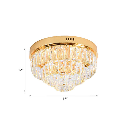 Gold 16"/24" Wide LED Flushmount Lighting Modern Crystal Block Tiered Round Ceiling Fixture with Cone Design Clearhalo 'Ceiling Lights' 'Close To Ceiling Lights' 'Close to ceiling' 'Flush mount' Lighting' 814014