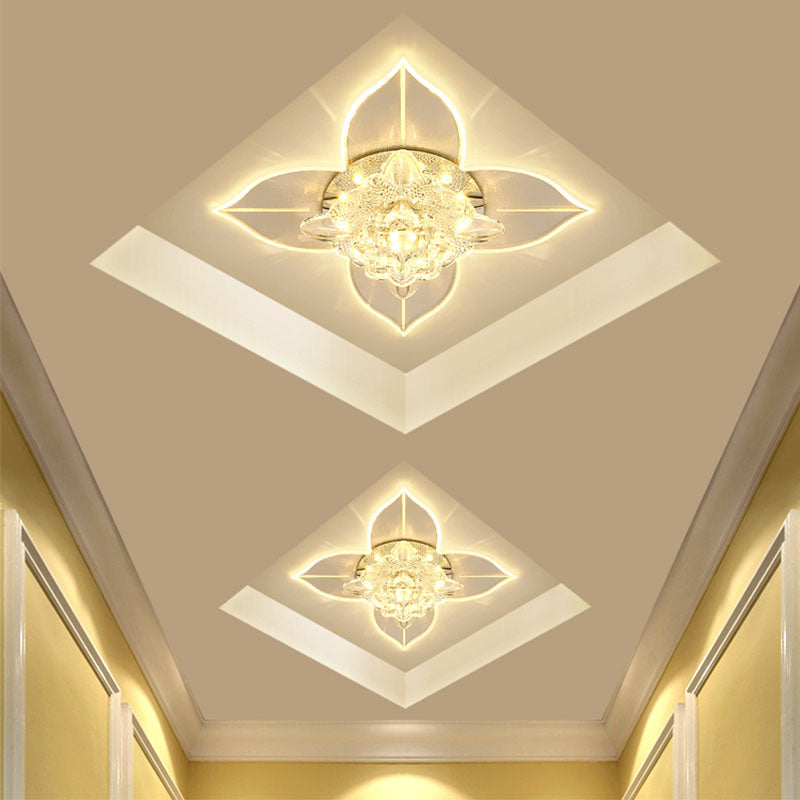 Flower Clear Crystal Flush Mount Lighting Simple LED Hallway Ceiling Fixture with Leaf Edge, Warm/White/Multi Color Light Clear Clearhalo 'Ceiling Lights' 'Close To Ceiling Lights' 'Close to ceiling' 'Flush mount' Lighting' 814044