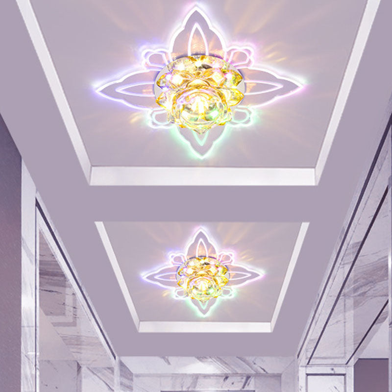 Modernism Blossom Flush Light Fixture LED Clear Crystal Ceiling Lighting with Leaf Edge, Warm/Multi Color Light Clear Multi Color Clearhalo 'Ceiling Lights' 'Close To Ceiling Lights' 'Close to ceiling' 'Flush mount' Lighting' 814056