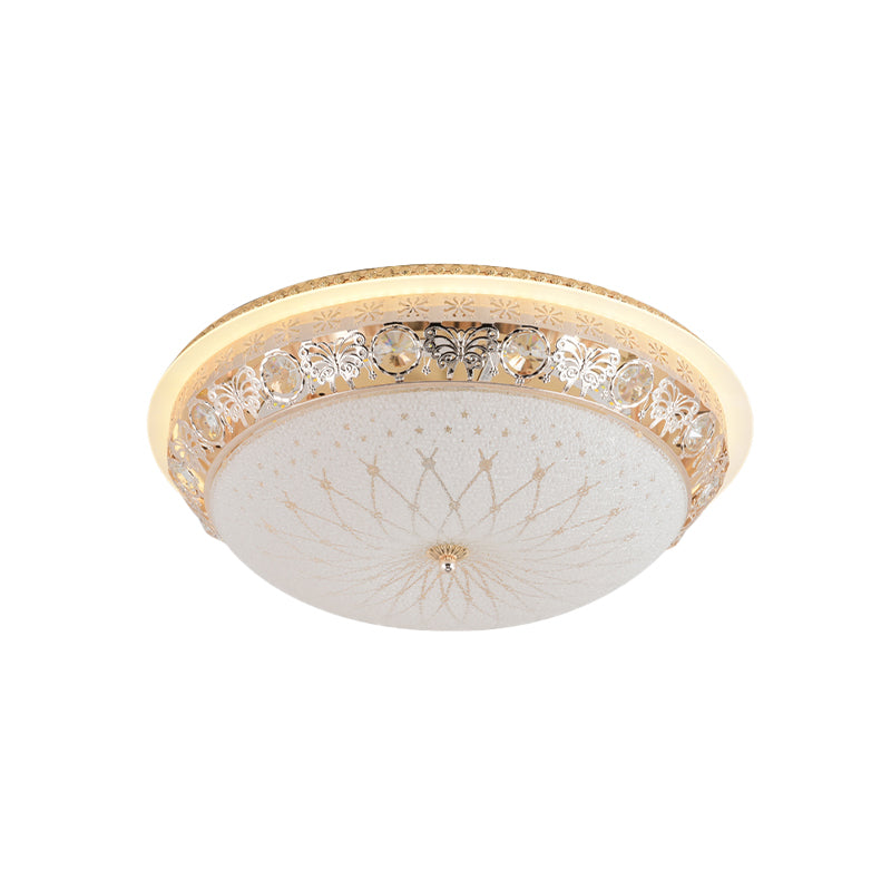 Bowl Bedroom Flush Light Fixture Modern Crystal 16"/20" Wide LED Gold Ceiling Mount with White Texture Glass Shade Clearhalo 'Ceiling Lights' 'Close To Ceiling Lights' 'Close to ceiling' 'Flush mount' Lighting' 814152