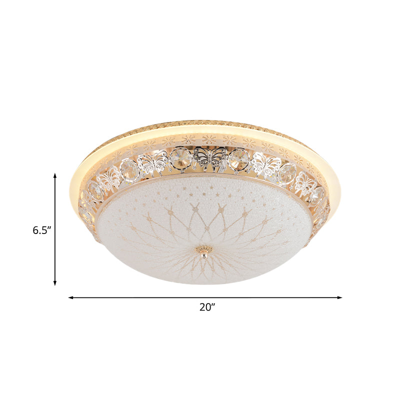 Bowl Bedroom Flush Light Fixture Modern Crystal 16"/20" Wide LED Gold Ceiling Mount with White Texture Glass Shade Clearhalo 'Ceiling Lights' 'Close To Ceiling Lights' 'Close to ceiling' 'Flush mount' Lighting' 814154