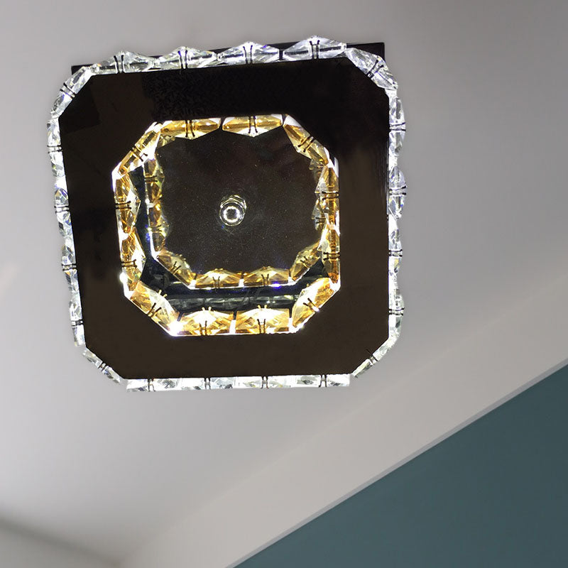 Modern Tiered Square Flush Mount Fixture LED Faceted Crystal Ceiling Mounted Light in Stainless-Steel for Bedroom, Warm/White Light Stainless-Steel Clearhalo 'Ceiling Lights' 'Close To Ceiling Lights' 'Close to ceiling' 'Flush mount' Lighting' 814174