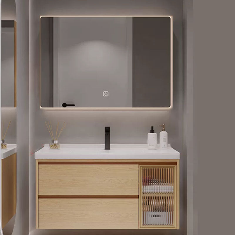 Wood Frame Bathroom Vanity Rectangular 2 Drawers Wall-Mounted Single Sink with Door Vanity & Faucet & Smart Mirror 35"L x 20"W x 20"H Clearhalo 'Bathroom Remodel & Bathroom Fixtures' 'Bathroom Vanities' 'bathroom_vanities' 'Home Improvement' 'home_improvement' 'home_improvement_bathroom_vanities' 8141833