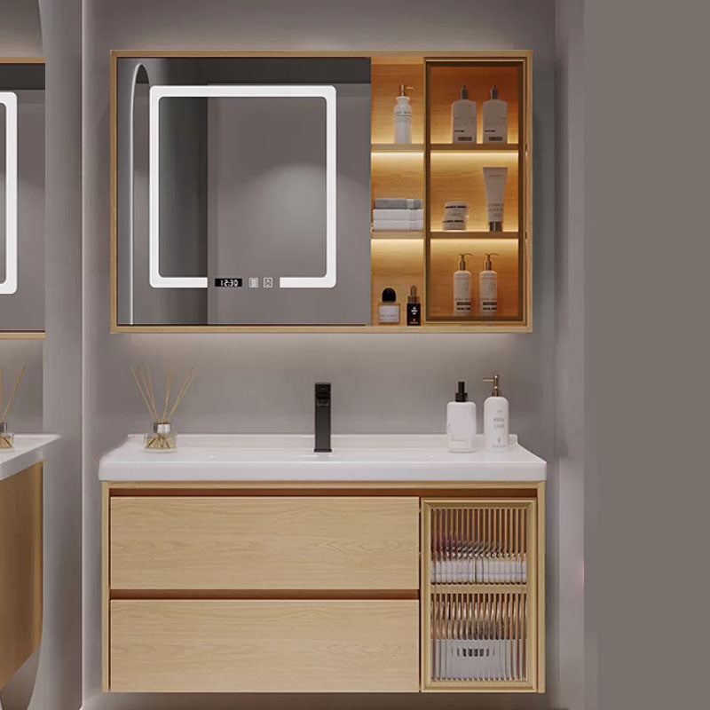 Wood Frame Bathroom Vanity Rectangular 2 Drawers Wall-Mounted Single Sink with Door Vanity & Faucet & Mirror Cabinet with Glass Door 39.5"L x 20"W x 20"H Clearhalo 'Bathroom Remodel & Bathroom Fixtures' 'Bathroom Vanities' 'bathroom_vanities' 'Home Improvement' 'home_improvement' 'home_improvement_bathroom_vanities' 8141835