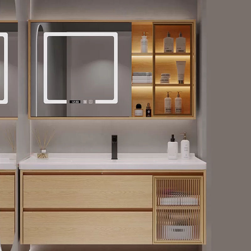 Wood Frame Bathroom Vanity Rectangular 2 Drawers Wall-Mounted Single Sink with Door Vanity & Faucet & Mirror Cabinet with Glass Door 43.3"L x 19.7"W x 19.7"H Clearhalo 'Bathroom Remodel & Bathroom Fixtures' 'Bathroom Vanities' 'bathroom_vanities' 'Home Improvement' 'home_improvement' 'home_improvement_bathroom_vanities' 8141839