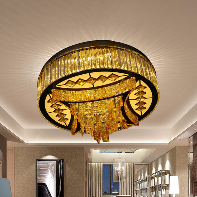 Drum Living Room Flush Mount Lighting Fixture Modern Tan Crystal LED White Ceiling Light with Waveform Frame Tan Clearhalo 'Ceiling Lights' 'Close To Ceiling Lights' 'Close to ceiling' 'Flush mount' Lighting' 814198