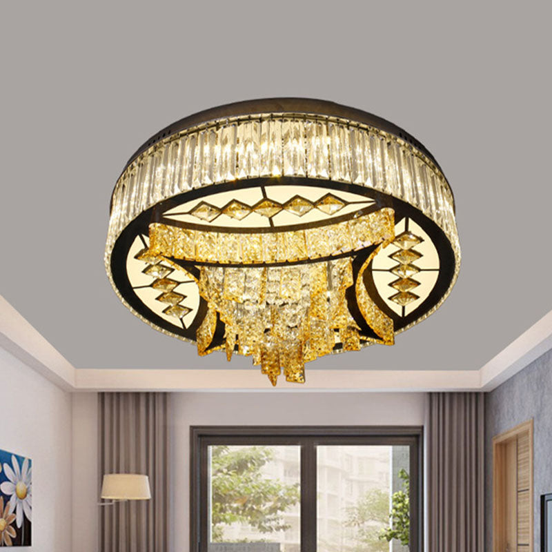 Drum Living Room Flush Mount Lighting Fixture Modern Tan Crystal LED White Ceiling Light with Waveform Frame Clearhalo 'Ceiling Lights' 'Close To Ceiling Lights' 'Close to ceiling' 'Flush mount' Lighting' 814199